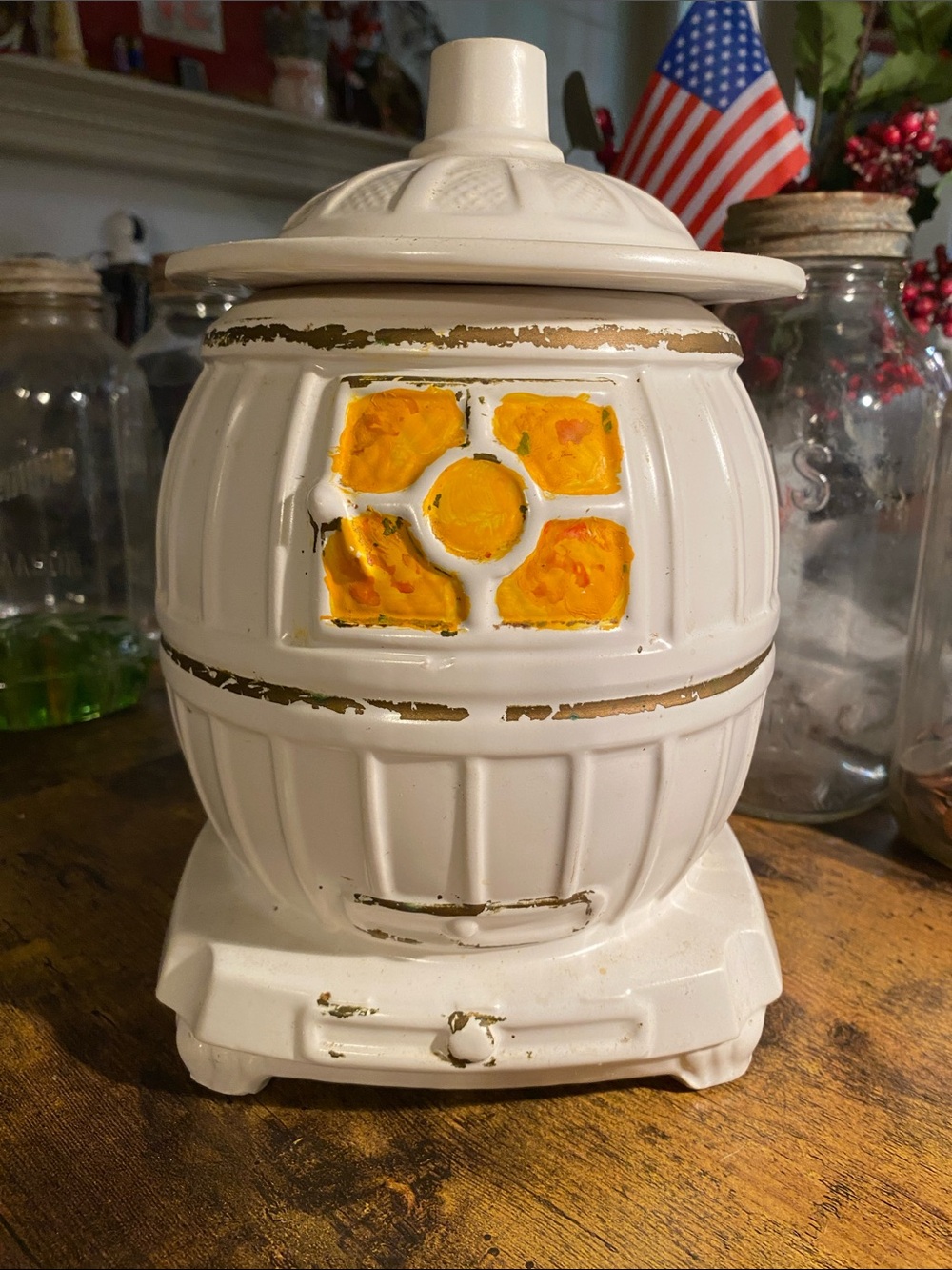 Vintage USA Cream Ceramic Stove Warmer with Yellow Accent Cookie Jar